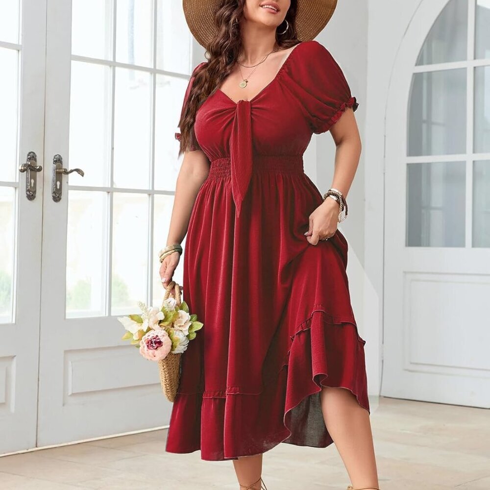 Women’s Plus Size Summer Maxi Dress V Neck Short Sleeve Boho Casual - Picture 3 of 6